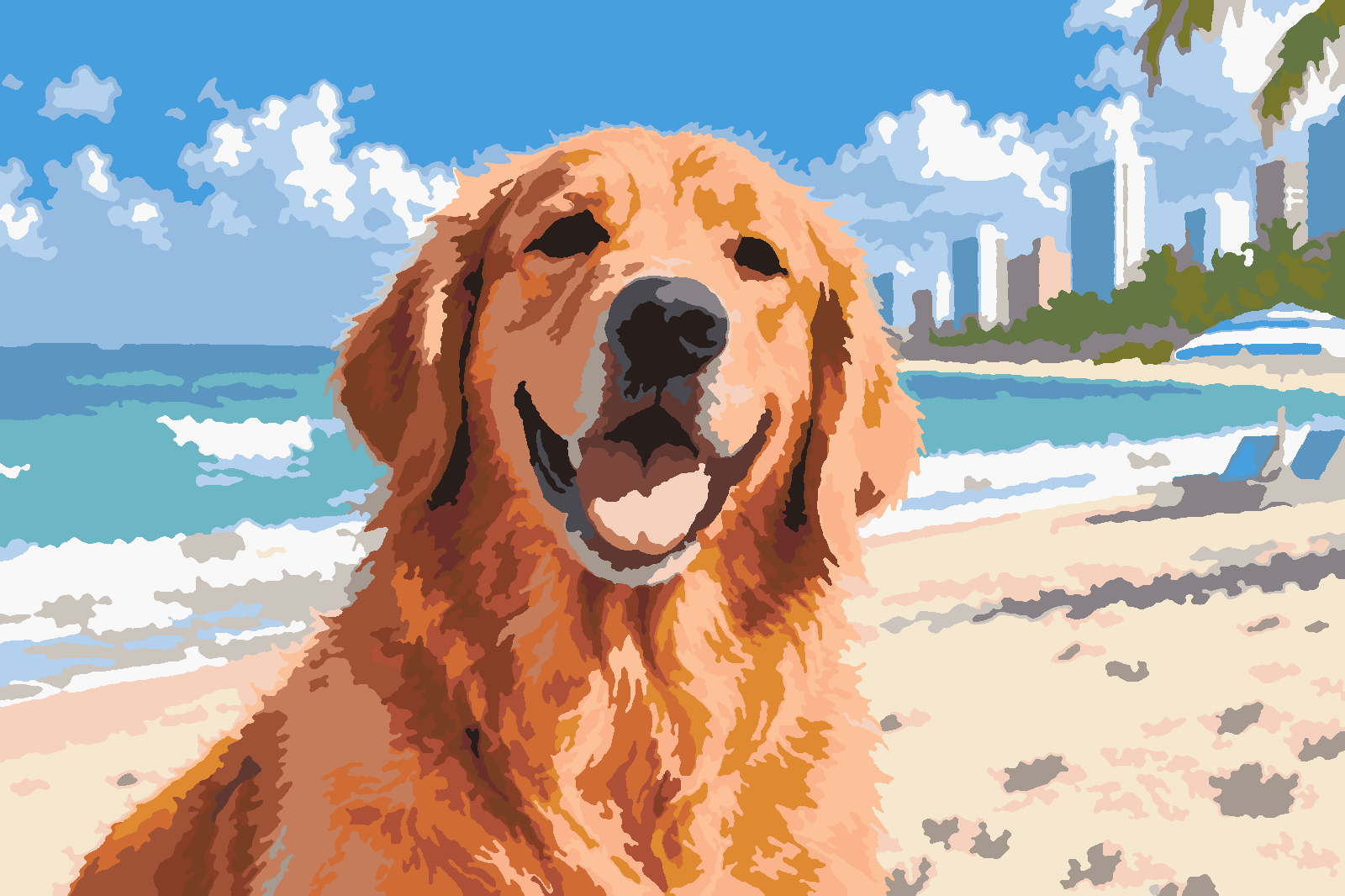 The same dog and beach simplified into distinct paint-by-number color regions