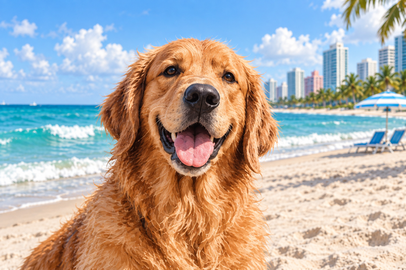 Original image of a golden retriever on a sunny beach